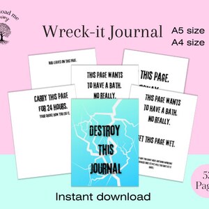 May include: A blue and white journal with the text "Destroy This Journal" on the cover. The journal is available in A4 and A5 sizes and has 53 pages.