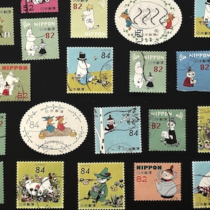 May include: A collection of Japanese postage stamps featuring Moomin characters in various scenes. The stamps are rectangular and circular with serrated edges, displaying illustrations of Moomin, Little My, and Snufkin with text including NIPPON.