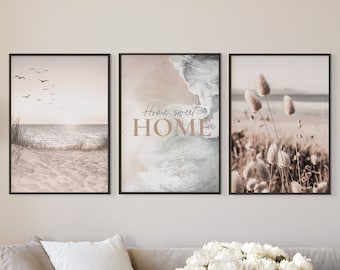 MUUDLY® 3er Poster Set 50x70 cm | Strand, Pampasgras | Wanddeko für Wohnzimmer und Schlafzimmer | Hochwertige Kunstdrucke | Beige, Hell