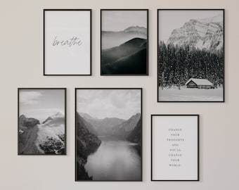May include: A set of six black and white framed prints featuring mountain landscapes and a quote about changing your thoughts. The quote reads "Change your thoughts and you'll change your world."