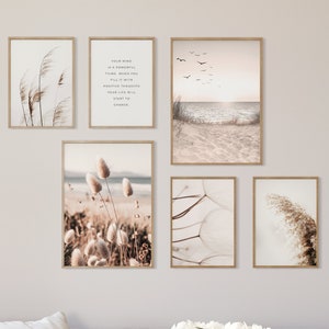 May include: A set of six minimalist wall art prints featuring nature-inspired imagery. The prints include a quote about positive thinking, a beach scene, and various close-ups of grasses and flowers.