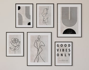 MUUDLY® Premium Poster Set | Abstrakt Line Art | 6er Set | Wandbilder Wohnzimmer & Schlafzimmer | Deko Print Bilder | ohne Rahmen