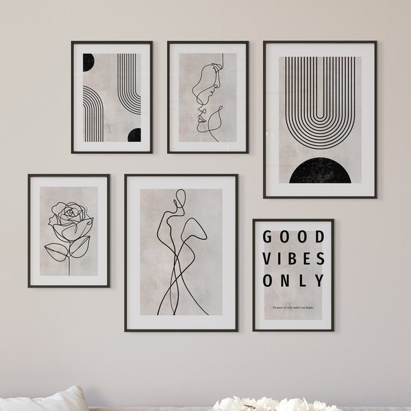 MUUDLY® Premium Poster Set | Abstrakt Line Art | 6er Set | Wandbilder Wohnzimmer & Schlafzimmer | Deko Print Bilder | ohne Rahmen