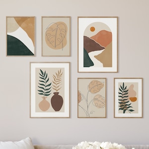 MUUDLY® Boho Poster Set 6er | Abstrakt mit Monstera und Palmen | Wandbilder für Wohnzimmer & Schlafzimmer | Natur Deko ohne Rahmen