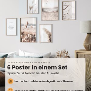 May include: Set of six unframed posters in a neutral color palette featuring various nature scenes, including grasses, flowers, and a beach. The text on the image reads "2 x DIN A3 & 4 x DIN A4, OHNE RAHMEN 6 Poster in einem Set Spare Zeit & Nerven bei der Auswahl. harmonisch aufeinander abgestimmte Themen liebevoll gestaltet, mit R&uuml;cksicht auf Trends & Wohnstile".