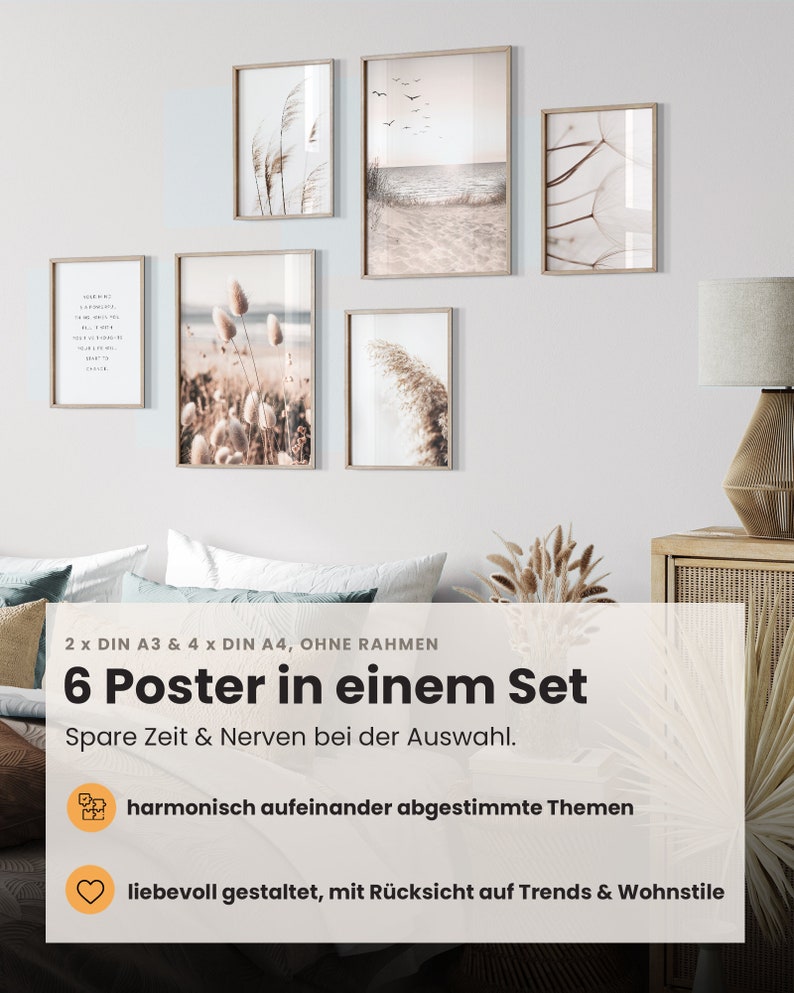 May include: Set of six unframed posters in a neutral color palette featuring various nature scenes, including grasses, flowers, and a beach. The text on the image reads "2 x DIN A3 & 4 x DIN A4, OHNE RAHMEN 6 Poster in einem Set Spare Zeit & Nerven bei der Auswahl. harmonisch aufeinander abgestimmte Themen liebevoll gestaltet, mit R&uuml;cksicht auf Trends & Wohnstile".