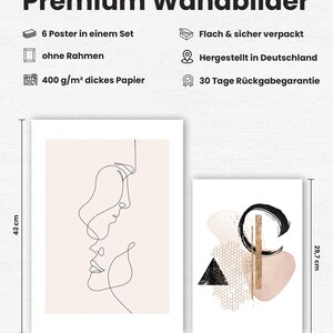 May include: Set of two minimalist line art prints in black and white. The larger print is 11.7 inches by 16.5 inches and features a line drawing of two faces. The smaller print is 8.3 inches by 11.7 inches and features abstract shapes in black, white, and gold.