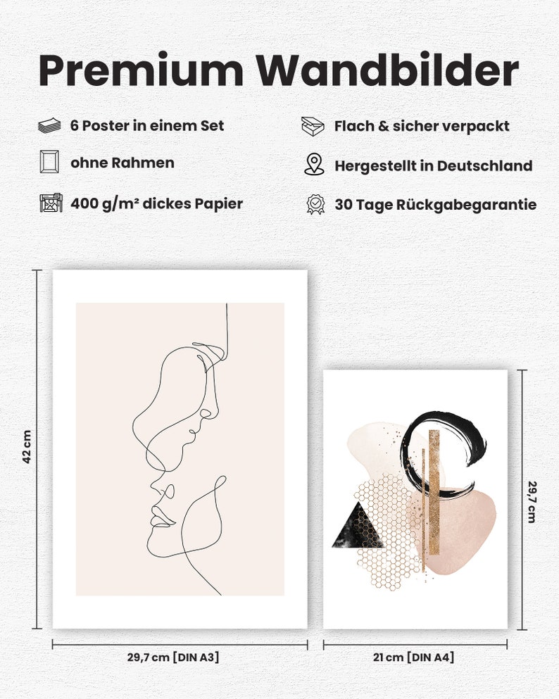May include: Set of two minimalist line art prints in black and white. The larger print is 11.7 inches by 16.5 inches and features a line drawing of two faces. The smaller print is 8.3 inches by 11.7 inches and features abstract shapes in black, white, and gold.