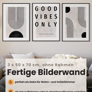 May include: Three framed art prints. The center print reads "GOOD VIBES ONLY" with a quote below. The other two prints feature abstract black line and shape designs on a neutral background. Each frame measures approximately 19.7 x 27.6 inches.