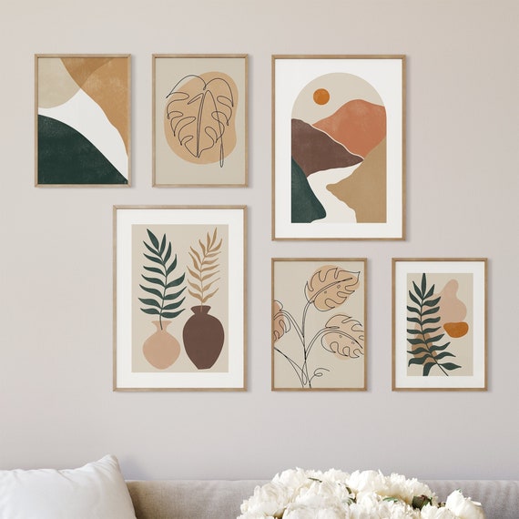 MUUDLY® Boho Poster Set 6er | Abstrakt mit Monstera und Palmen | Wandbilder für Wohnzimmer & Schlafzimmer | Natur Deko ohne Rahmen