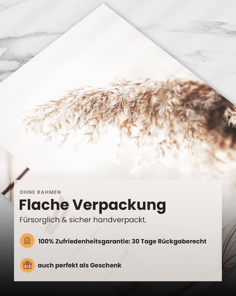 May include: A white background with a brown, dried grass plant. The text "OHNE RAHMEN Flache Verpackung F&uuml;rsorglich & sicher handverpackt. 100% Zufriedenheitsgarantie: 30 Tage R&uuml;ckgaberecht auch perfekt als Geschenk" is displayed on a white rectangle.