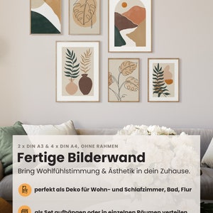 May include: A set of six abstract art prints in a minimalist style. The prints feature a variety of colors and shapes, including brown, orange, green, and white. The prints are arranged in a grid pattern on a white wall. 2 x DIN A3 & 4 x DIN A4, OHNE RAHMEN Fertige Bilderwand Bring Wohlf&uuml;hlstimmung & &Auml;sthetik in dein Zuhause. perfekt als Deko f&uuml;r Wohn- und Schlafzimmer, Bad, Flur als Set aufh&auml;ngen oder in einzelnen R&auml;umen verteilen