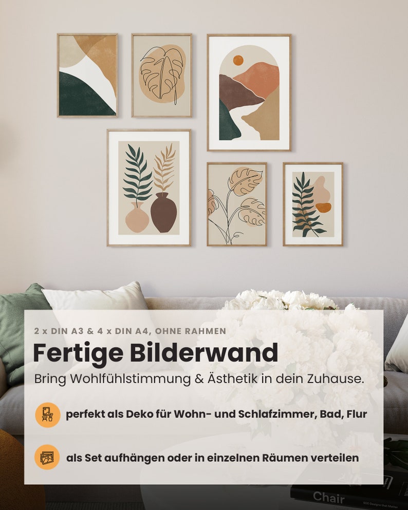 May include: A set of six abstract art prints in a minimalist style. The prints feature a variety of colors and shapes, including brown, orange, green, and white. The prints are arranged in a grid pattern on a white wall. 2 x DIN A3 & 4 x DIN A4, OHNE RAHMEN Fertige Bilderwand Bring Wohlf&uuml;hlstimmung & &Auml;sthetik in dein Zuhause. perfekt als Deko f&uuml;r Wohn- und Schlafzimmer, Bad, Flur als Set aufh&auml;ngen oder in einzelnen R&auml;umen verteilen