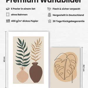 May include: Set of two minimalist botanical prints featuring abstract line drawings of plants in vases. The prints are in a neutral color palette of beige, brown, and green. The larger print measures 29.7 cm by 42 cm and the smaller print measures 21 cm by 29.7 cm.