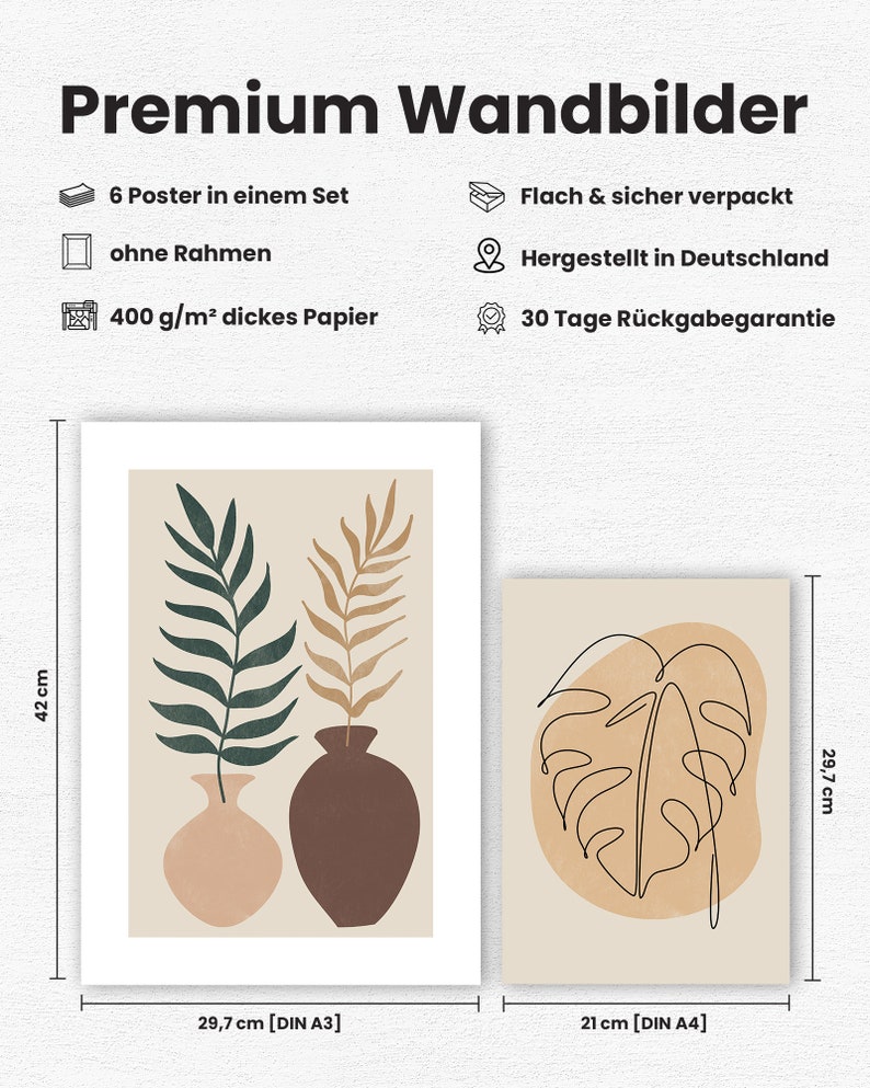 May include: Set of two minimalist botanical prints featuring abstract line drawings of plants in vases. The prints are in a neutral color palette of beige, brown, and green. The larger print measures 29.7 cm by 42 cm and the smaller print measures 21 cm by 29.7 cm.