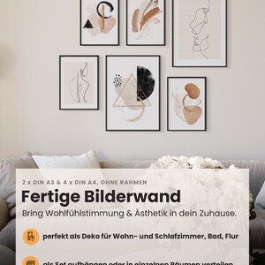 May include: A set of six framed abstract art prints in black frames. The prints feature geometric shapes, lines, and abstract patterns in shades of brown, black, and white. The prints are arranged in a staggered pattern on a white wall above a couch.