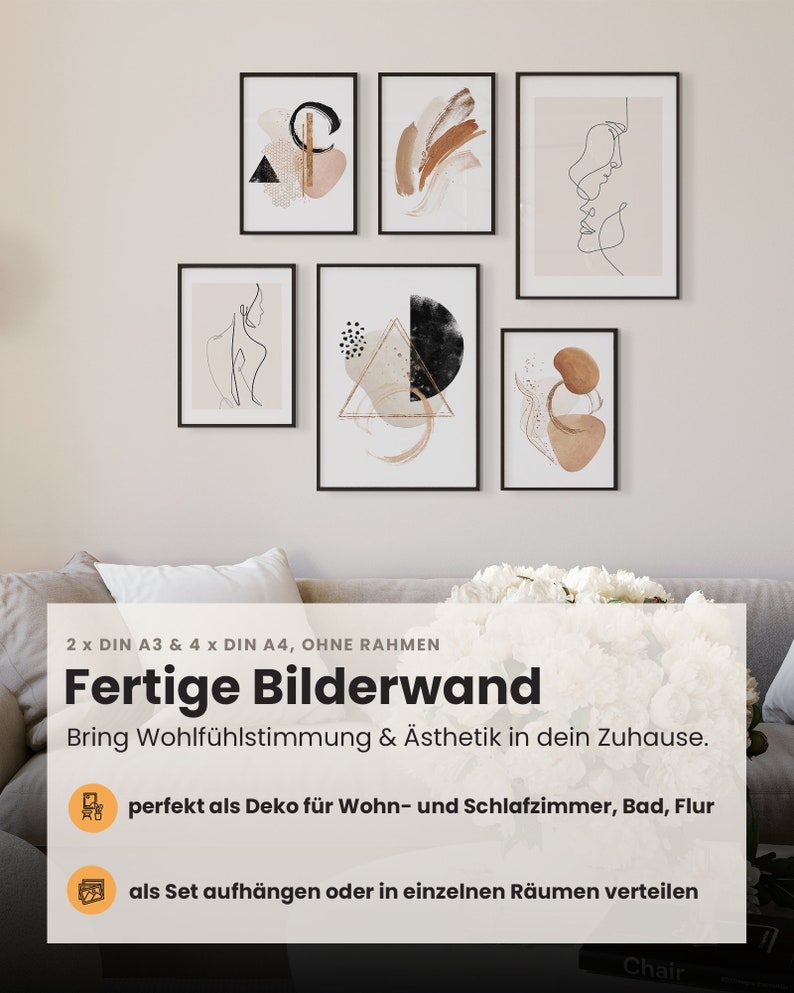 May include: A set of six framed abstract art prints in black frames. The prints feature geometric shapes, lines, and abstract patterns in shades of brown, black, and white. The prints are arranged in a staggered pattern on a white wall above a couch.
