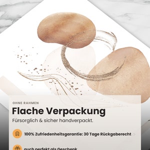 May include: A white card with brown and gold abstract shapes and the text "OHNE RAHMEN Flache Verpackung F&uuml;rsorglich & sicher handverpackt. 100% Zufriedenheitsgarantie: 30 Tage R&uuml;ckgaberecht auch perfekt als Geschenk"