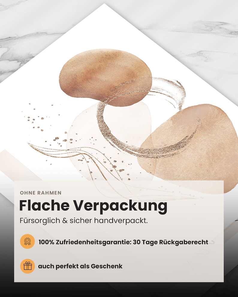 May include: A white card with brown and gold abstract shapes and the text "OHNE RAHMEN Flache Verpackung F&uuml;rsorglich & sicher handverpackt. 100% Zufriedenheitsgarantie: 30 Tage R&uuml;ckgaberecht auch perfekt als Geschenk"