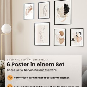May include: Set of six unframed abstract art prints in black frames. The prints feature geometric shapes, line drawings, and abstract patterns in shades of brown, beige, and black. The text on the image reads "2 x DIN A3 & 4 x DIN A4, OHNE RAHMEN 6 Poster in einem Set Spare Zeit & Nerven bei der Auswahl. harmonisch aufeinander abgestimmte Themen liebevoll gestaltet, mit R&uuml;cksicht auf Trends & Wohnstile"