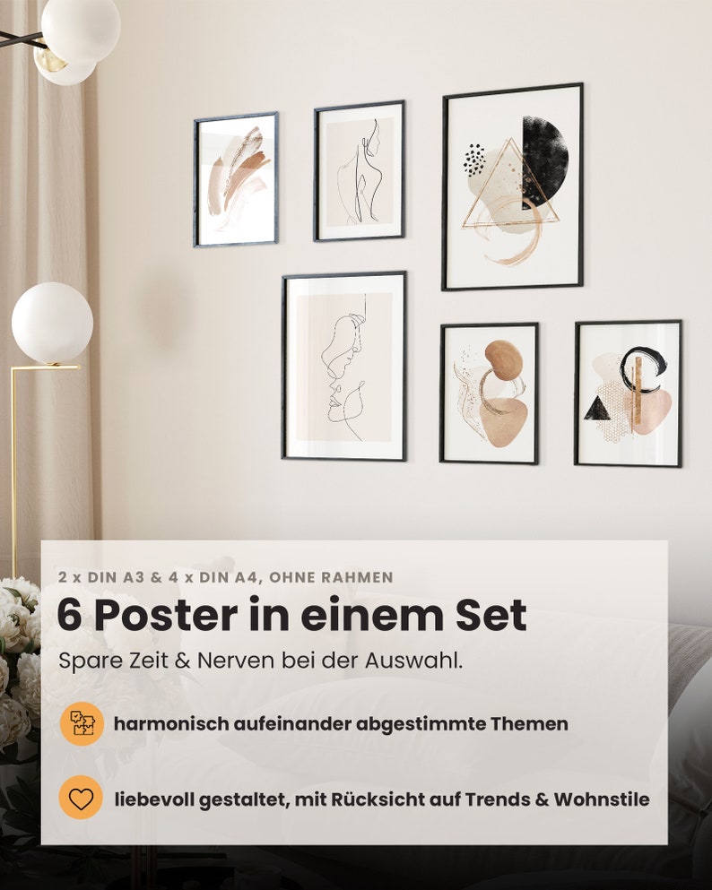 May include: Set of six unframed abstract art prints in black frames. The prints feature geometric shapes, line drawings, and abstract patterns in shades of brown, beige, and black. The text on the image reads "2 x DIN A3 & 4 x DIN A4, OHNE RAHMEN 6 Poster in einem Set Spare Zeit & Nerven bei der Auswahl. harmonisch aufeinander abgestimmte Themen liebevoll gestaltet, mit R&uuml;cksicht auf Trends & Wohnstile"