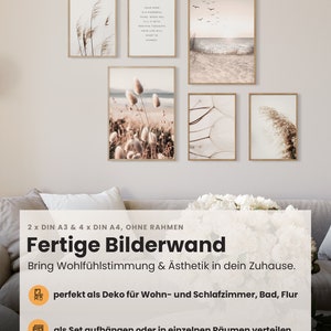May include: A set of six framed prints featuring nature-inspired imagery, including a quote about the power of positive thinking, a beach scene, and various plant and flower details. The prints are arranged on a wall above a couch, creating a gallery wall display.