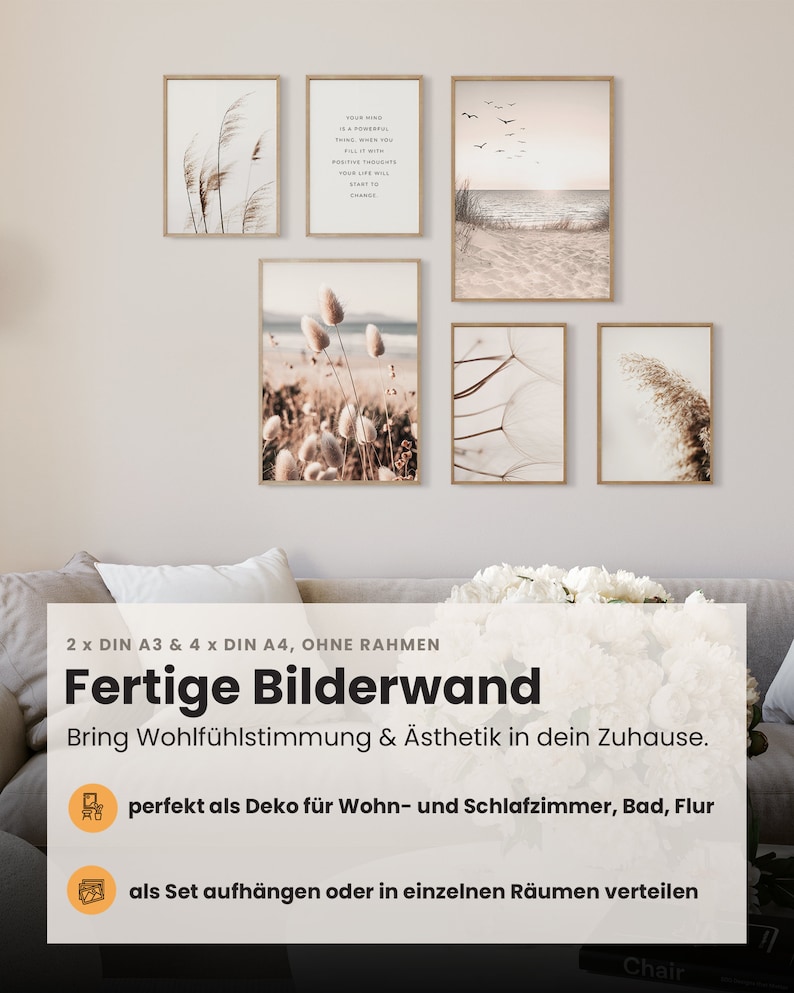 May include: A set of six framed prints featuring nature-inspired imagery, including a quote about the power of positive thinking, a beach scene, and various plant and flower details. The prints are arranged on a wall above a couch, creating a gallery wall display.