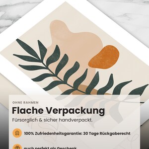 May include: A digital print with an abstract design featuring a green leaf and orange and peach shapes. The print is framed with a white border and has text that reads "OHNE RAHMEN Flache Verpackung F&uuml;rsorglich & sicher handverpackt. 100% Zufriedenheitsgarantie: 30 Tage R&uuml;ckgaberecht auch perfekt als Geschenk".