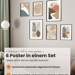 May include: Set of six abstract art prints in black frames. The prints feature minimalist designs with earthy tones of brown, orange, and green. The prints are arranged in a grid pattern on a wall. The text on the wall reads "2 x DIN A3 & 4 x DIN A4, OHNE RAHMEN 6 Poster in einem Set Spare Zeit & Nerven bei der Auswahl. harmonisch aufeinander abgestimmte Themen liebevoll gestaltet, mit R&uuml;cksicht auf Trends & Wohnstile".