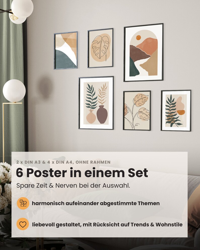 May include: Set of six abstract art prints in black frames. The prints feature minimalist designs with earthy tones of brown, orange, and green. The prints are arranged in a grid pattern on a wall. The text on the wall reads "2 x DIN A3 & 4 x DIN A4, OHNE RAHMEN 6 Poster in einem Set Spare Zeit & Nerven bei der Auswahl. harmonisch aufeinander abgestimmte Themen liebevoll gestaltet, mit R&uuml;cksicht auf Trends & Wohnstile".