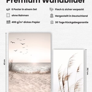 May include: Set of two minimalist wall art prints featuring a beach scene with birds flying over the ocean and a close-up of tall grass. The prints are 29.7 cm by 42 cm and 21 cm by 29.7 cm.
