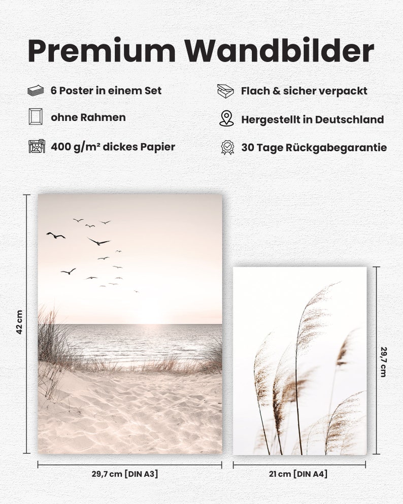 May include: Set of two minimalist wall art prints featuring a beach scene with birds flying over the ocean and a close-up of tall grass. The prints are 29.7 cm by 42 cm and 21 cm by 29.7 cm.