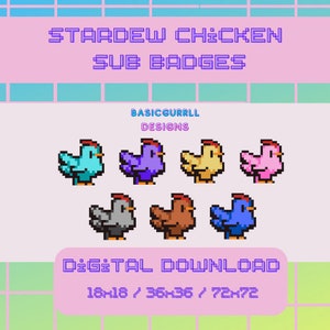 Puede incluir: Un conjunto de 6 insignias de pollo de pixel art en varios colores, incluidos morado, azul, amarillo, rosa, marrón y gris. Las insignias están diseñadas para usarse como insignias de suscripción de Twitch o YouTube. El texto "Stardew Chicken Sub Badges" y "Basicgurrl Designs" se muestra en la parte superior de la imagen. El texto "Descarga digital 16x16 / 32x32 / 72x72" se muestra en la parte inferior de la imagen.
