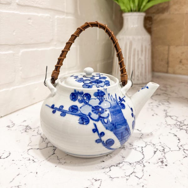 Chinoiserie Blue and White Vintage Floral Japanese Kyushu Teapot
