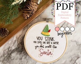Patrón PDF de bordado de olor a Papá Noel - Cita de Buddy el Elfo "Apestas".