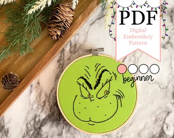 Patrón de bordado PDF Grinch-mas Spirit - Diseño de cara Grinch