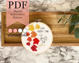 Fall For You PDF -- Seasonal Lover -- Autumnal Sweetie -- Falling Leaves -- Beginner Hand Embroidery Pattern Digital Download