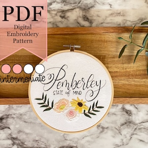 Pemberley State of Mind Embroidery PDF Pattern -- Pride and Prejudice, Jane Austen Floral