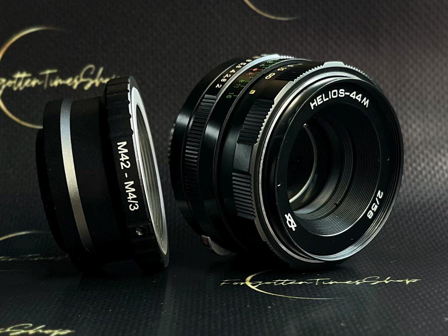 43　 新品未使用　ヘリオス　44M　M42　マイクロフォーサーズ用アダプター付 Helios-44 M 2/58 mm レンズ、M42 - マイクロ 4/3 アダプター付き