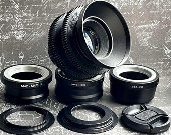 Lente Helios 44-2 KMZ 58 mm f/2.0 Cine mod com qualquer adaptador à sua escolha para Canon EF, Sony E (NEX), FujiFilm fx, Nikon e Micro 4/3. Lente preta.