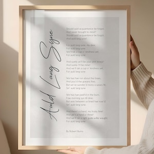 Puede incluir: Un marco con el poema «Auld Lang Syne» de Robert Burns. El título está escrito en una elegante escritura, con los versos del poema en una fuente serif clásica. El marco es de color madera clara, para una estética sencilla y elegante.