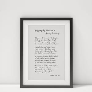 Stopping by Woods Poem Calligraphy Print - Robert Frost Black  White Home Decor Poster