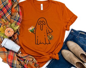 Halloween Ghost Shirt, Halloween Party Shirt, Floral Ghost Shirt, Autumn Shirt, Trick or Treat Shirt, Cute Ghost, Halloween Pumpkin Gift