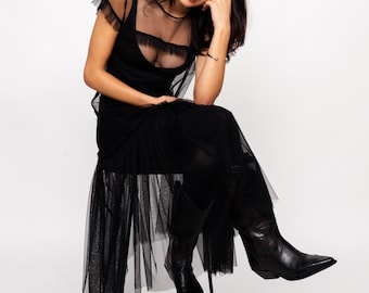Black Tulle Maxi Dress – Ruffle Overlay, Sheer Goth Style, Layered Elegance