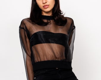 Black Sheer Organza Long Sleeve Top, Transparent Blouse, Organza Long Sleeve Shirt, Sheer Top, Party Top, Going out Top, See Though Shirt
