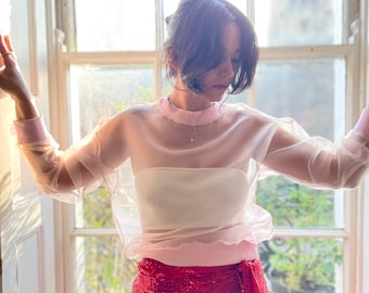 Pink Organza Blouse, Sheer Runway Top, Mesh Top, Sheer Top, See Through Shirt, Organza Top, Transparent Blouse, Going Out Top, Party Top