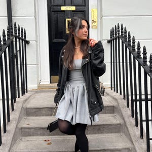 Faux Leather Trim Houndstooth Sleeveless Dress