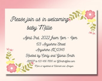 May include: A baby shower invitation with floral decorations. The invitation reads "Please join us in welcoming baby Millie, April 3rd, 2022 from 1pm - 4pm, 123 Anywhere Street, Anywhere IL. 12345, Hosted by Carly and Gloria Smith, RSVP to 123 456 7890 or GSmith@fake.com, Mam is registered at Walmart and Amazon."