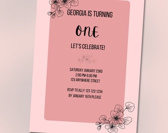 Pink floral digital first birthday invitation template 5x7/ kids party/ toddler party/ diy birthday party