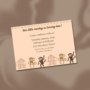 7x5 digital 2nd birthday monkey themed invitation template/ monkey/ safari party/ kids party/